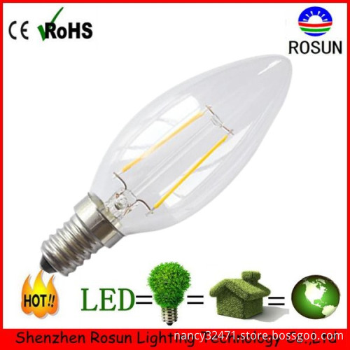 Clear glass 360 degree emitting 2W C35 filament LED candle light